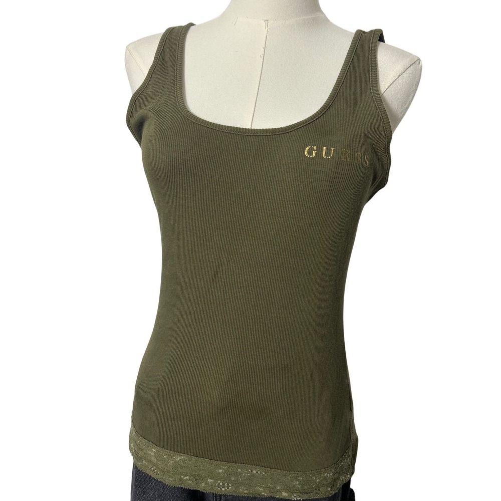 y2k Guess Olive Green Ribbed Tank‎ Top Lace Trim
